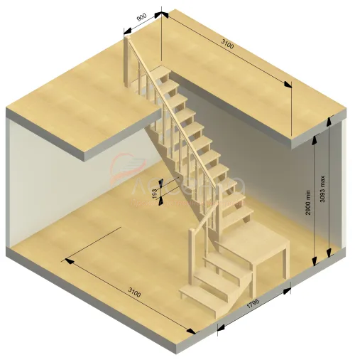 Деревянная межэтажная лестница ЛЕС-08 - фото 4